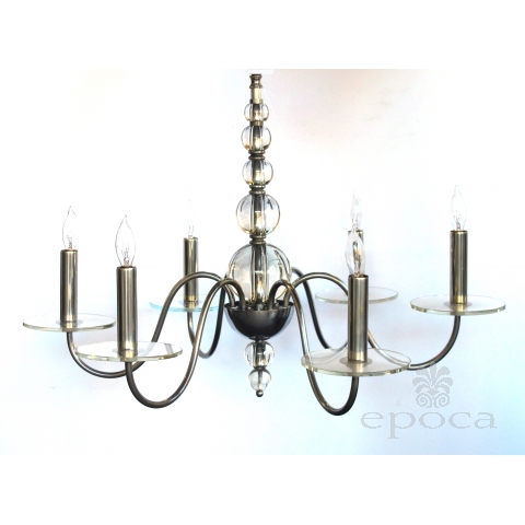 a shimmering and stylish french art deco 6-light chrome chandelier with stacked glass spheres