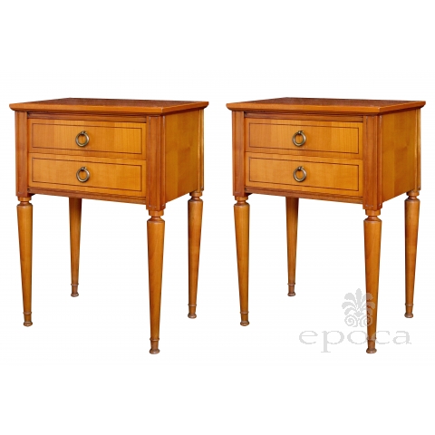 stylish pair of french mid-century modern sycamore 2-drawer bedside cabinets