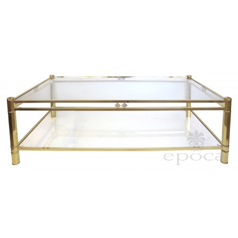 a good quality french 1970's neogothic-inspired rectangular brass coffee table with glass top and lower shelf
