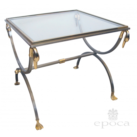 a stylish and good quality french 1960's brushed steel and brass side table with glass and swan supports