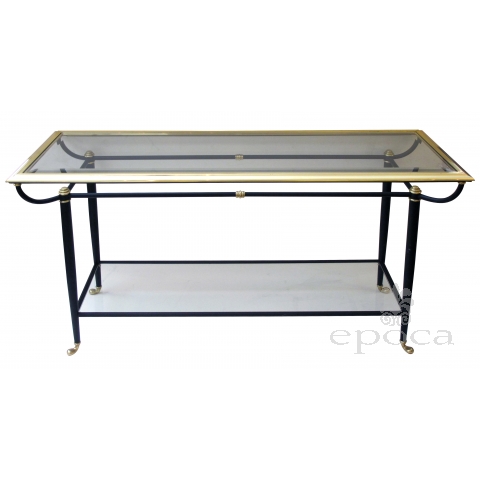 a good quality french 1950's brass and black metal console table with beveled glass top and lower shelf