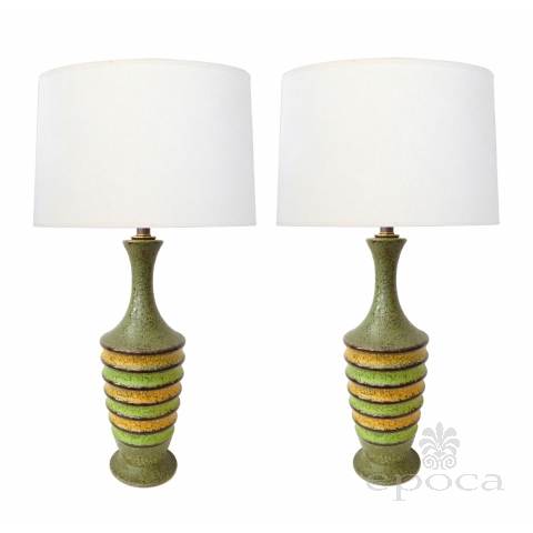 Pair of 1960's Ribbed Ovoid-form Lamps with Green Textured Glaze 