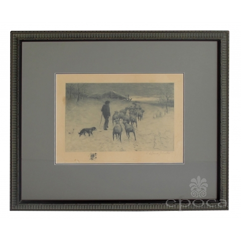  Henry Pruett Share (American, 1853-1905) etching of a wintry pastoral scene of a shepherd and flock; signed "R. LeGrande Johnston" (1850-1918) 