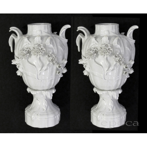 finely rendered pair of french rococo style blanc-de-chine urns/vases 