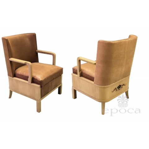 chic pair of french 1940's sycamore marquetry open armchairs in the manner of maurice jallot