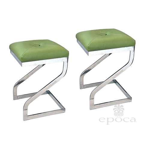 Pair of 1970's Z-form Chrome Stools with Apple Green Leather Upholstery