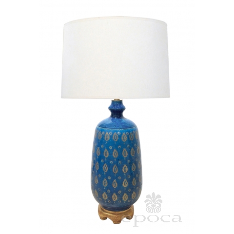 Large Italian 1960's Bitossi Cerulean Glazed Lamp with Gilt Decoration 