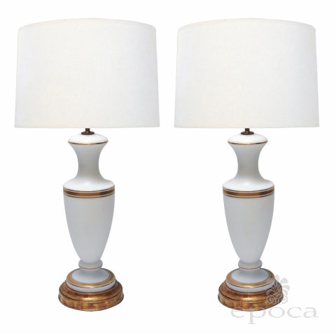 Pair of French 1960's White Frosted Glass Lamps with Gilt Highlights