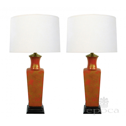 Good Pair of Chinese 1960's Red-orange Glazed Lamps with Gilt Decoration