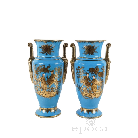 Pair of Empire Style Cerulean-glazed Porcelain Vases with Chinoiserie Motifs