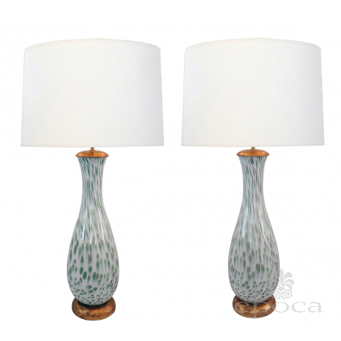 Large Pair of Murano 1960s White Bottle-form Lamps with Celadon Inclusions