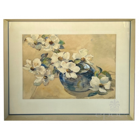 Watercolor on paper: Paul Immel (1896-1964) White Flowers in a Blue Bowl