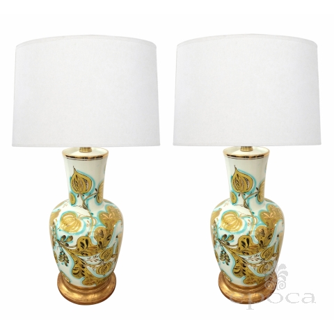 Pair of Italian 1950's Painted Porcelain Lamps Made for Marbro Lamp, Co., Los Angeles