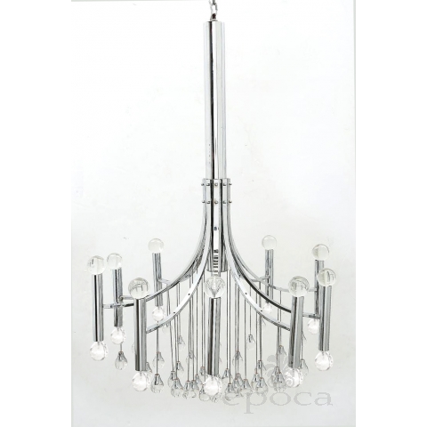 Large Italian 1970's Gaetano Sciolari Style Chrome Ten Light Chandelier with Glass Pendants