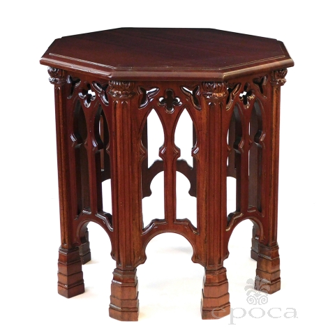  English Neo-Gothic Style Carved Solid Mahogany Octagonal Side/Drinks Table 