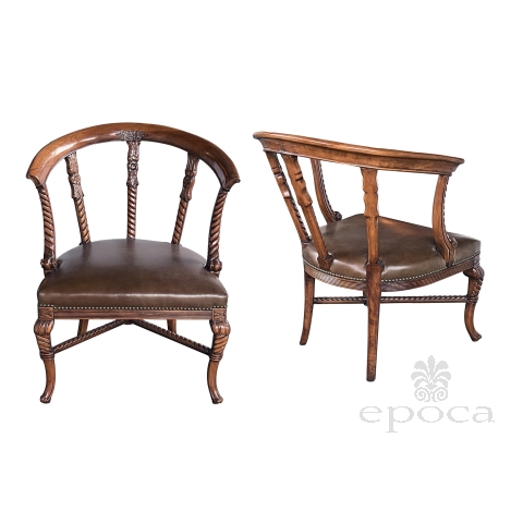 Pair of Antique Italian Open Barrel-back Armchairs with Leather Seats