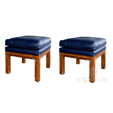 Handsome Pair of 1960's Square-form Faux Bamboo Beechwood Stools