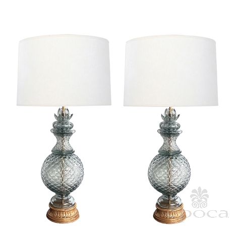 Pair of Murano Pale-blue Pineapple-form Lamps by Seguso for Marbro 