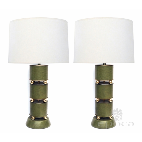 Stylish Mid-century Green Leather Clad Lamps with Brass Spheres