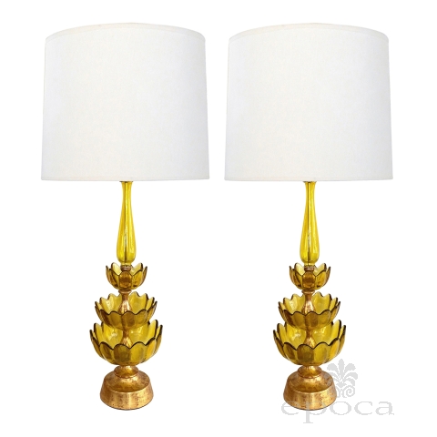 Striking Pair of Blenko 1960's Butterscotch Glass Lotus Leaf Lamps