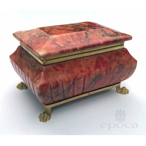 Well-figured Lidded Sarcophagus-shaped Coral-colored Marble Box with Gilt-bronze Mounts