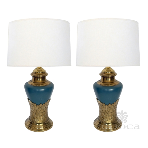 Pair of 1960's Steel-blue Ceramic Lamps with Brass Foliate Perimeter Band