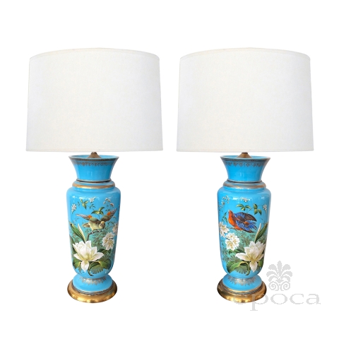 Fine Pair of French Cerulean Blue Opaline Lamps with Polychromed Decoration