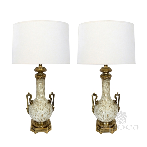 Pair of Murano Gold Aventurine Bottle-form Lamps with Brass Mounts