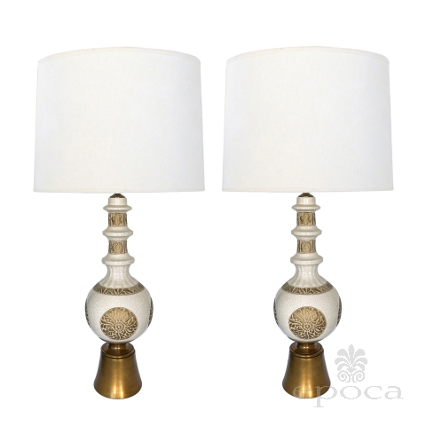 Tall and Striking Pair of Ivory Crackle-glaze Ceramic Baluster-form Lamps
