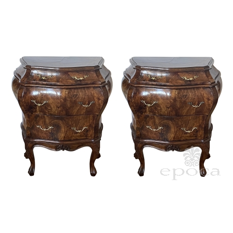 Italian Bombé Walnut-veneered 3-drawer Bedside Chests possibly by Poltronieri Rolando