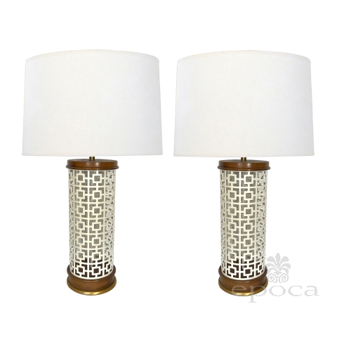 Pair of 1960's Reticulated Ivory Enameled-Metal Cylindrical-form Lamps 