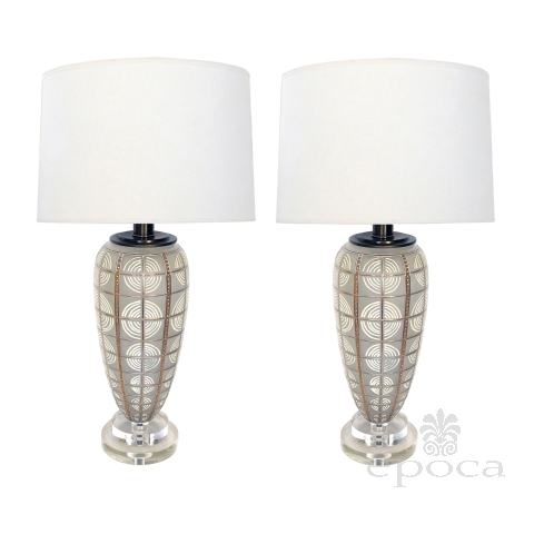 Pair of 1960s Frosted Torpedo-form Lamps with Applied Decoration