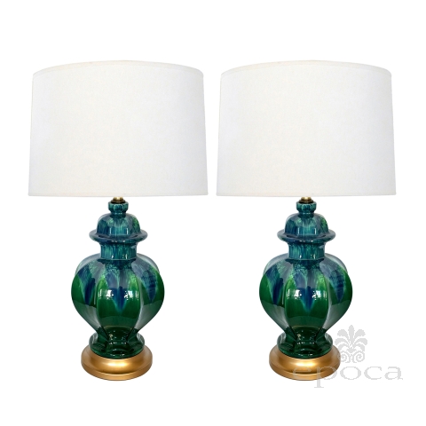 1960's Blue And Green Drip-Glaze Octagonal Ginger Jar Lamps