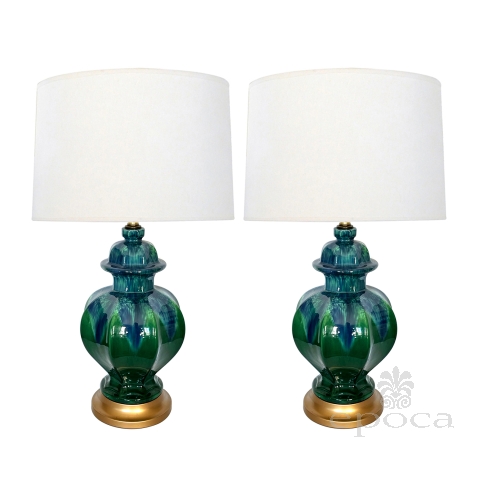 1960's Blue And Green Drip-Glaze Octagonal Ginger Jar Lamps