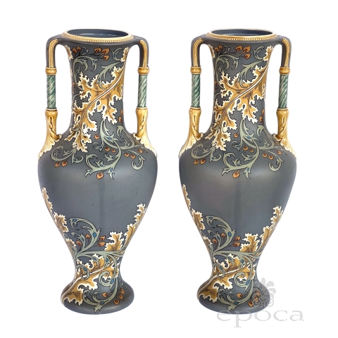 Pair of Art Nouveau Mettlach Pottery Vases  with Incised Markings to Underside