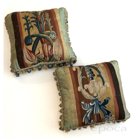 A Pair of Antique 18th Century European Tapestry Pillows With Tassels