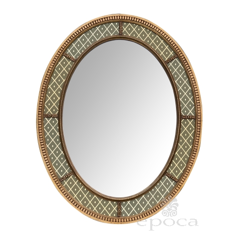 John Widdicomb Oval Mirror with Giltwood Frame and Reverse Painted Border