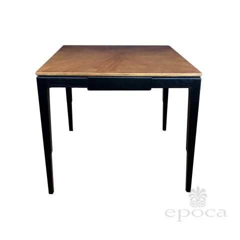 Mid-century Baker ebonized and oak two-drawer game table, front view