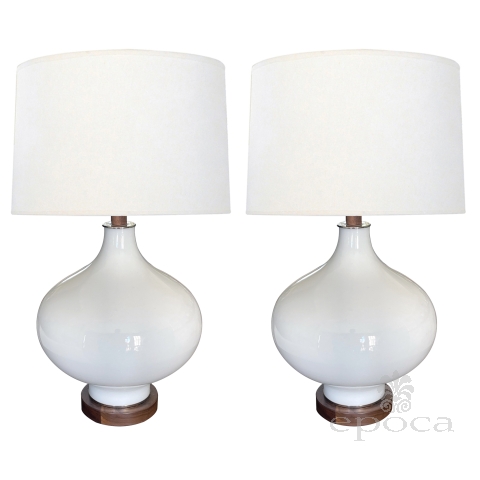 Pair of 1960's White Cased Glass Ovoid Lamps at epoca 