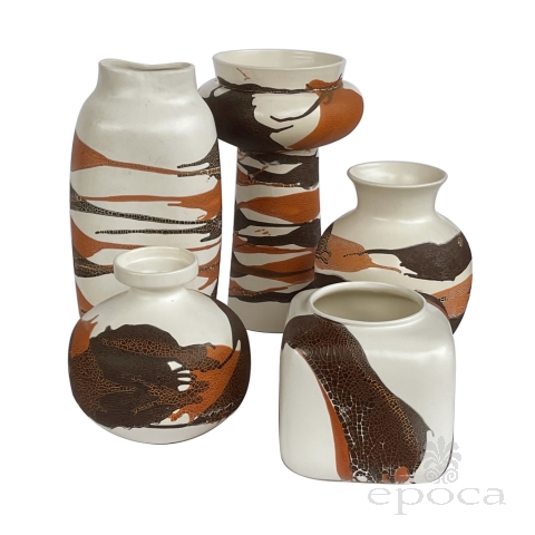 Set of 5 Royal Haeger Pottery Vases with Brown and Russet Drip Glaze on an Ivory Ground