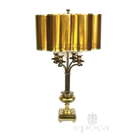 French Brass 4-light Bouillotte Lamp with Original Scalloped Brass Shade