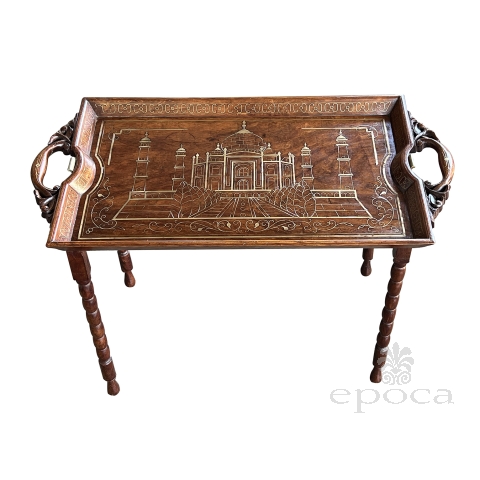 Anglo Indian Butlers-style Brass Inlaid Wooden Traveling Table Depicting the Taj Mahal