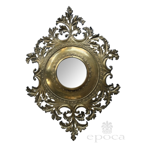 French Rococo Revival Repoussé and Cut Brass Foliate Convex Mirror