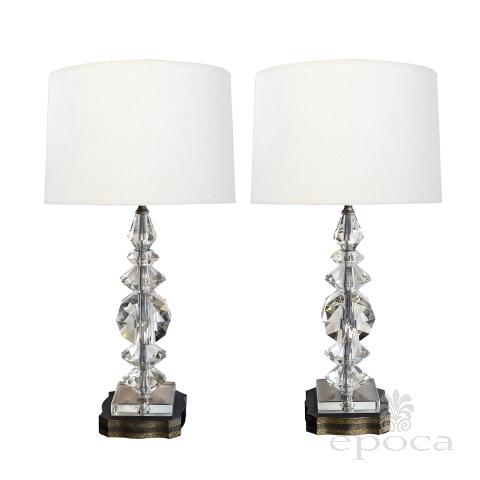 Pair of French 1950's Stacked Crystal Boudoir Lamps