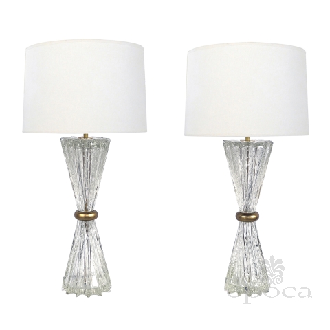 Shapely Pair of Murano Barovier & Toso Clear Bullicante Lamps with Pinched Mid-section 