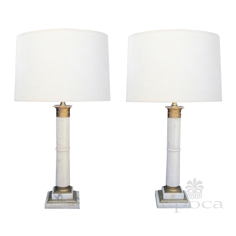 Pair of Italian 1950s Neoclassical Style Carrera Marble Columnar Lamps