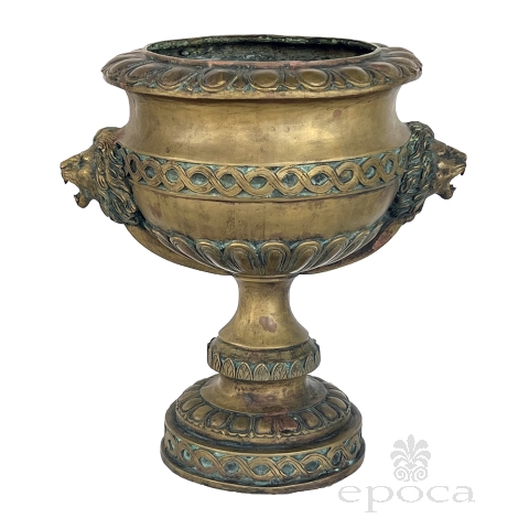 A French Louis XVI Style Brass Pedestal Urn with Lion Mask Handles 