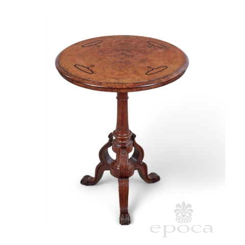Full view of English burl walnut tripod occasional table