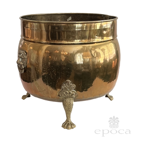 Large English Brass Tripod Coal Bucket with Lion Ring Handles and Paw Feet