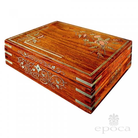 a charming french art nouveau rectangular jewel box with brass and copper inlay